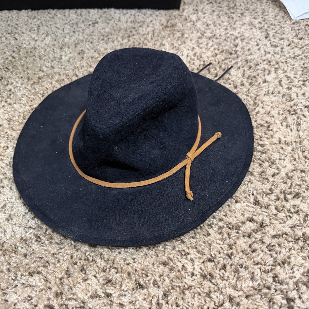 Wide Brim Black Felt Hat with Tan Leather Band